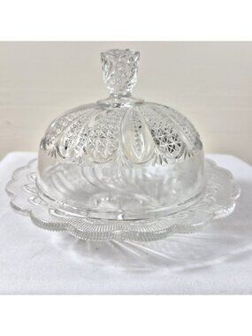 Antique EAPG Bryce Higbee New Crescent Diamond Point Glass Butter Dish Dome Lid